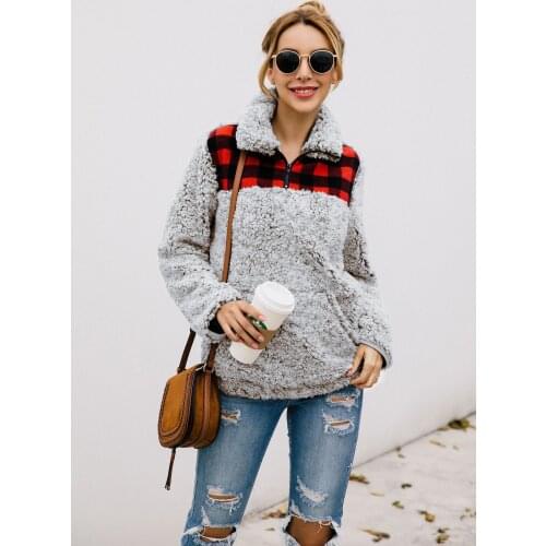 Fluffy Zipper Warm Hoodies Women Winter Autumn New Red Plaid Stitching Sweatshirt Turtleneck Streetwear Pullover Ladies Clothing