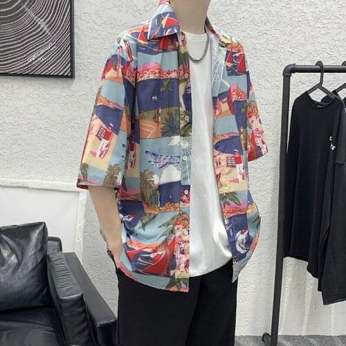 Shirt Mens Short-sleeved Beach Hawaiian Summer Loose Casual All-match Hip-hop Streetwear Vacation Male Clothes Summer Tops Coat