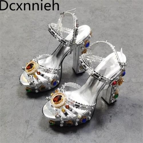 Luxury Rhinestone Platform Sandals Women Crystal Diamond Chunky Heel Summer Sandals Real Leather 2021 Gladiator Sandals Women