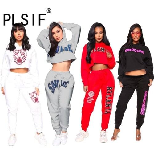 Autumn Winter Sporty Tracksuit Long Sleeve 2 Pieces Crop Top And Long Pant Print Two Pieces Sweatsuit