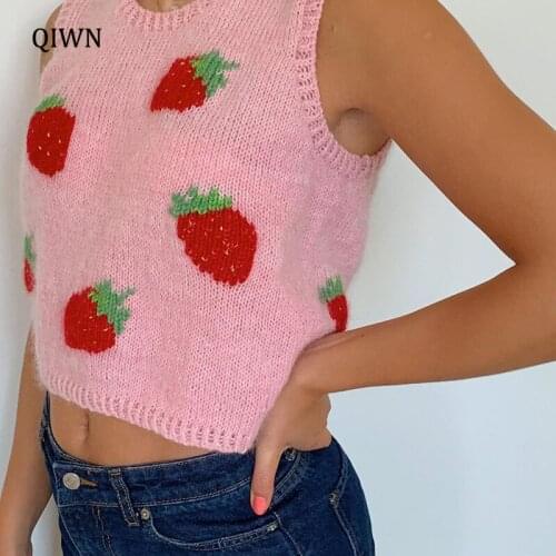 Strawberry Pink Sweet Knitted Sweater Vest Female Streetwear Preppy Style Cute Clothing Casual Tank Top Y2K Knitwear