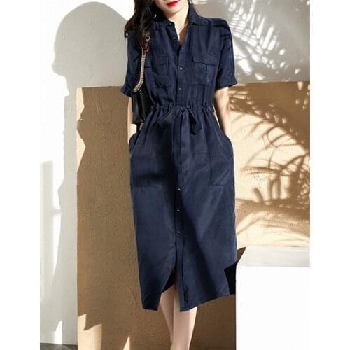 Streetwear korean style safari dress 2020 women short sleeve turn-down collar double pocket button down dress with sashes