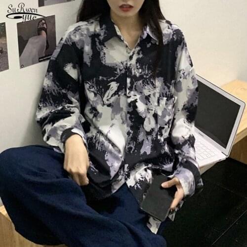 Print All-match Top Women Long Sleeve Lapel Chiffon Shirt Plus Size Autumn Korean Style New Loose Mid-length Blouse Blusas 11773