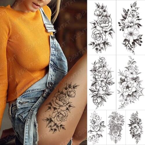 Waterproof Temporary Sleeve Tatooo Stickers Simplicity Line Rose Jasmine Lily Transferable Tattoos Body Art Fake Tatoo Women