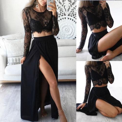 2 Pcs Sexy Summer Beach Women Evening Party Sets Transparent Lace Hollow Long Sleeve Crop Tops Black Long Maxi Split Skirts
