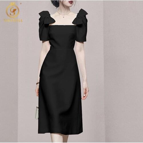 SMTHMA Korea Chic New Fashion Temperament Summer Dress Women Square Collar Bow Puff Sleeves High Waist Office Party Dress Robe