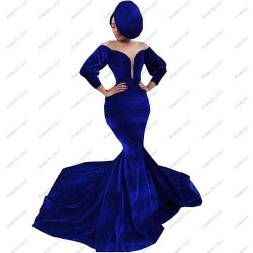 2021 Royal Blue Mermaid Long Cheap Prom Formal Dresses Evening Gowns with Sleeves Velvet Deep V neck Backless African Dubai Arab