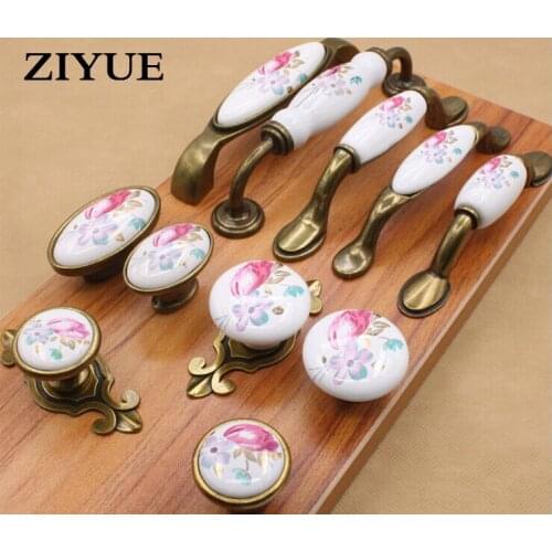 2PCS/LOT Ceramic Vintage Metal Door Handles Bronze Kitchen Shoe Cabinet Cupboard Drawer Wardrobe Pulls Knobs Handle Home