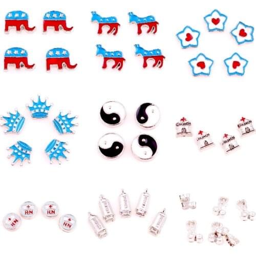 40Pcs/Lot Enamel Elephant Deer Floating Charms Crown Syringe Stethoscope Charms For Living Glass Locket Jewelry Wholesale