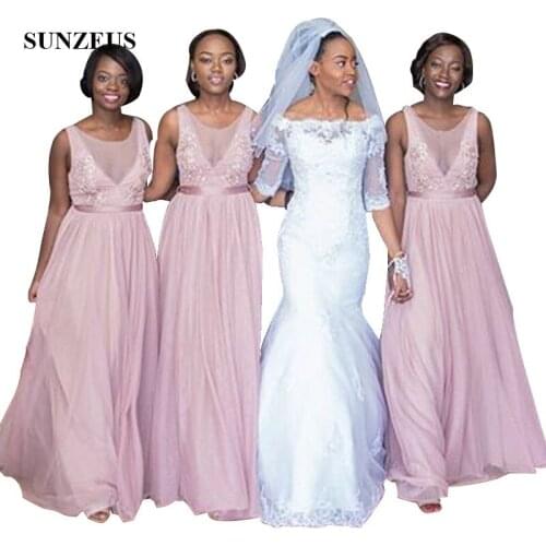 Long Tulle Bridesmaids Dress A-line Tank African Woman Wedding Party Gowns With Appliques Elegant Formal Dress