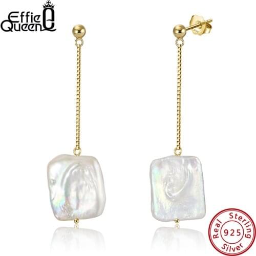 Effie Queen Retro Baroque Freshwater Cultured Pearl Earrings 925 Silver 14K Gold Plated Long Line Drop Earring for Women GPE05