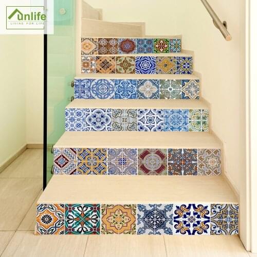Funlife®18*100cm*6pcs Ceramic Tiles Pattern Stair Riser Sticker Waterproof PVC Self-adhesive for Stairway Bathroom Kitchen Decor