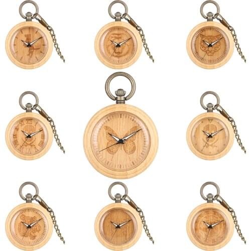 Classic Bamboo Pocket Watch Unique Pattern Dial Pocket Watch Chain Pendant Watch for Women Men