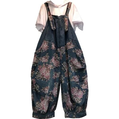 Strap Bib Denim Jumpsuits Women Baggy Boyfriend Wide Leg Bloomers Joggers Plus Size printing stitching cowboy Harem Overalls