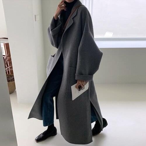 Korean Autumn Winter Vintage Turn down collar Large pocket Long Split Woolen Jacket With belt Windbreaker Wool overcoat Coats