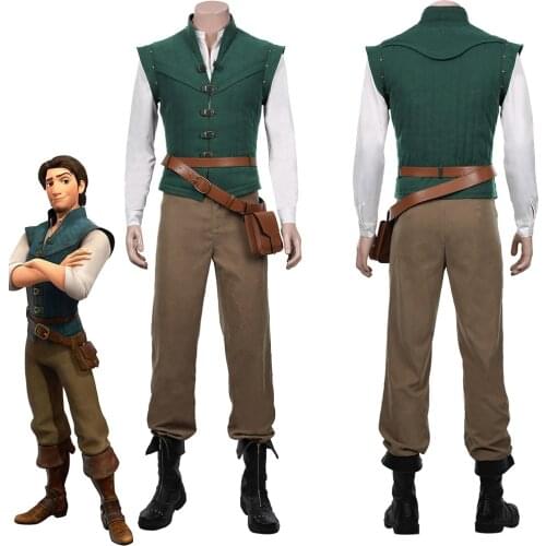 Movie Flynn Rider Cosplay Costume Adult Outfit Jacket Shirt Vest Pants Belt Bag Full Set Halloween Clothing for Men Women
