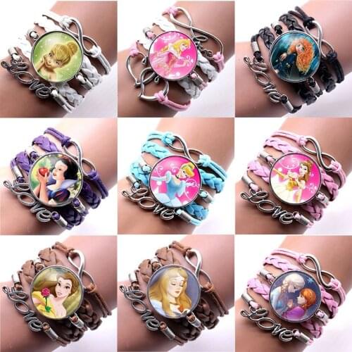 Disney Princess Cartoon Leather Bracelet Classic Frozen Bracelets Cute Bracelets Children Christmas Gifts Toys for Girl