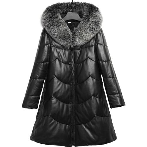 Geniune Leather Jacket Women Sheepskin Leather Fox Fur Collar Down Coat Winter Autumn Warm Plus Size FD117 MF517