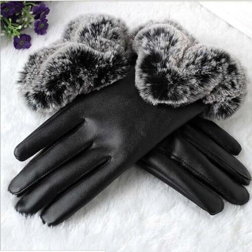 XEONGKVI Fashion Elegant Women PU Leather Gloves Mittens Artificial True Rabbit Hair Winter Warm Touch Screen Lady Gloves