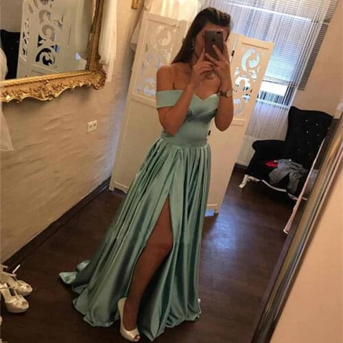 Soft Satin Long Evening Dresses A-line Prom Dresses V Neck off The Shoulder High Side Split Floor Length Cheap Party gown
