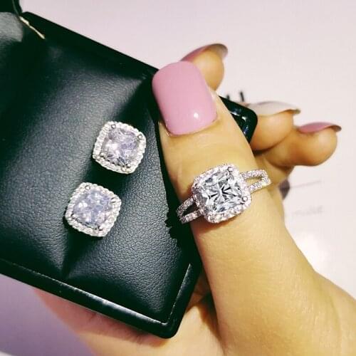 2pcs Pack 925 Sterling Silver Jewelry set halo Engagement ring round stud earring for Wedding gift J4934