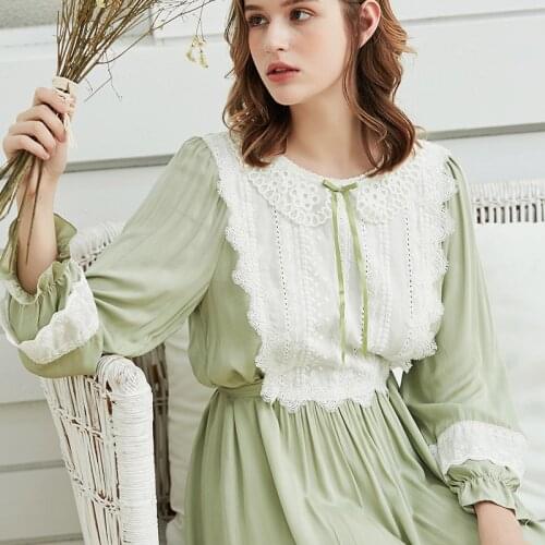Autumn Lace Womens Nightgowns Light Green Long Sleeve Royal Elegant Female Viscose Vintage Sleepwear Sweet Night Dress 180823