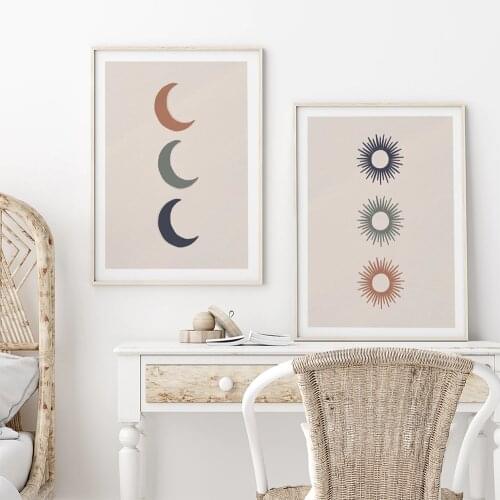 Boho Poster Abstract Triple Sun And Moon Canvas Painting Nordic Wall Art Print For Bed Room Home Decor Wall Picture No Frame