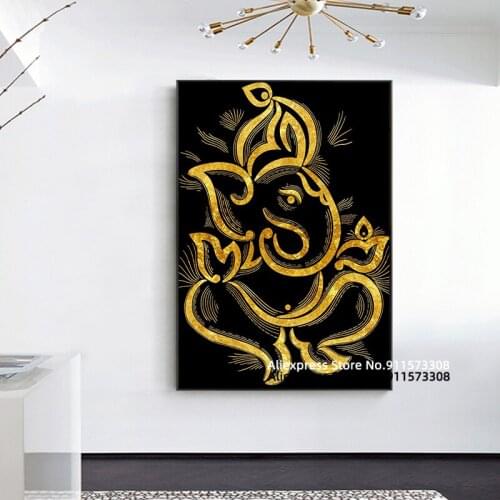 Lord Ganesha Golden Outline Canvas Posters and Prints Canvas Painting India Religion Wall Art Pictures for Living Room Decor