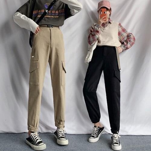 Spring autumn Women Cargo Pants Harem Pants Fashion Punk Pockets Jogger Trousers Harajuku Elastics High Waist casual Streetwear