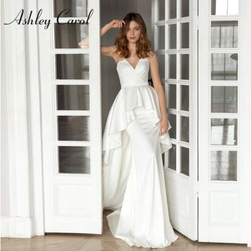 Ashley Carol Mermaid Wedding Dress 2021 Satin Detachable Train 2 In 1 Sweetheart Backless Vintage Bride Dresses Vestido De Noiva
