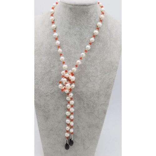 Frershwater pearl white near round red/black quartz necklace 40inch wholesale beads nature FPPJ woman 2018