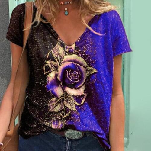 Women Summer V Neck Floral Rose Printed Short Sleeve Shirt Top Casual Loose Pullover Plus Size Tshirt Ladies Clothing Streewear