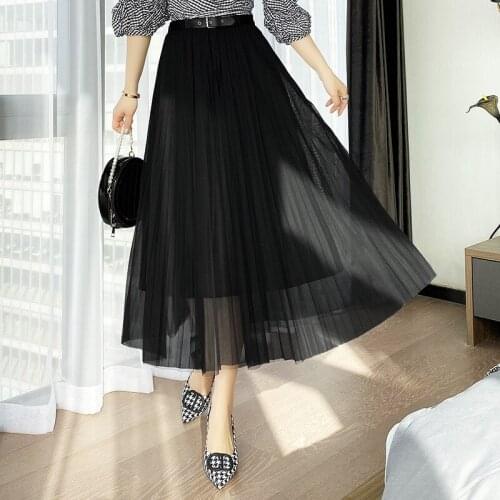 Women Fashon Korean Style Solid Color Mesh Pleated Skirt Spring Fall Ladies Elegant Chic Loose Big Swing Casual Long Skirts 9120