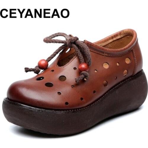 CEYANEAO Handmade Vintage Summer Shoes Women Platform Shoes 100% Genuine Leather Breathable Slip On Ladies Platform Shoes