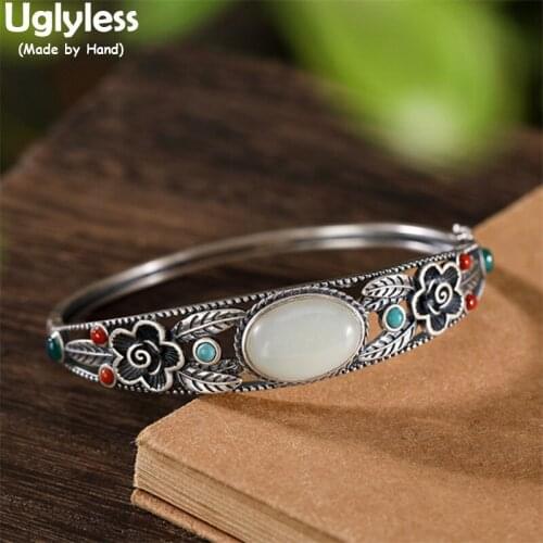 Uglyless Thai Silver Vintage Floral Bangles for Women Natural Oval Hotan Jade Opening Bangles 925 Silver Turquoise Agate Jewelry