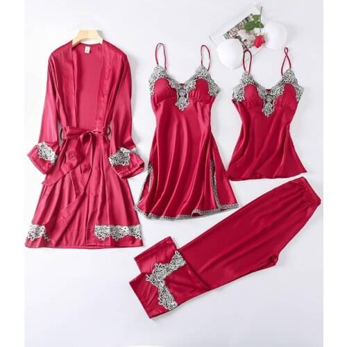 Robe Sets 4 PCS Women Pajamas Lace Spring Silk Nightdress Female Sleepwear Set Elegant Sexy Fashion Autumn Woman Homewear 2021