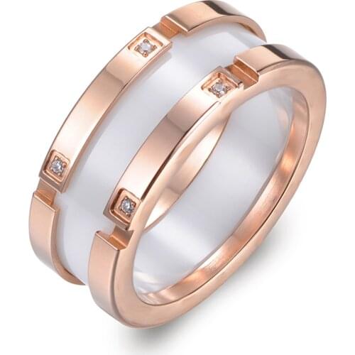 Classic Ring Rose Gold Color Cubic Zirconia Black Ceramics Titanium Steel Wedding Rings For Women Bague Femme R17039