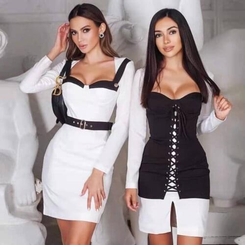 2021 New Autumn Women Sexy Button Patchwork White Long Sleeve Bodycon Bandage Dress Fashion Celebrity Club Party Dress Vestidos