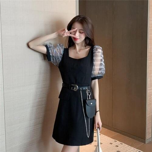 2020 summer new black waist dress Korean version of the note bubble sleeve temperament short to send belt lantern sleeve A