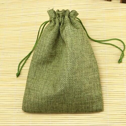 10*14cm 100pcs Plain olive green linen jute bag drawstring necklace jewelry package bag small gift bag Wedding packaging bag