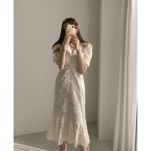 2020 New Early Spring Stylish V-Neck Elegant Waist-Controlled Slimming Plus Slender Ruffles Short-Sleeved Long Dress