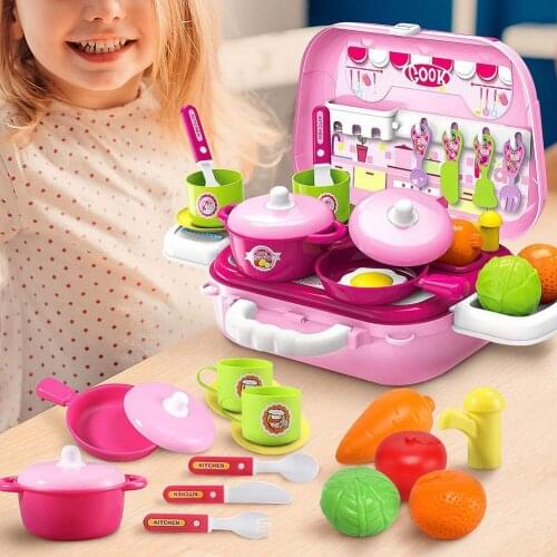 27Pcs/Set Children Kitchen Pretend Play Cooking Tableware with Suitcase Kids Toy Toddler Early Education Cognition Toys
