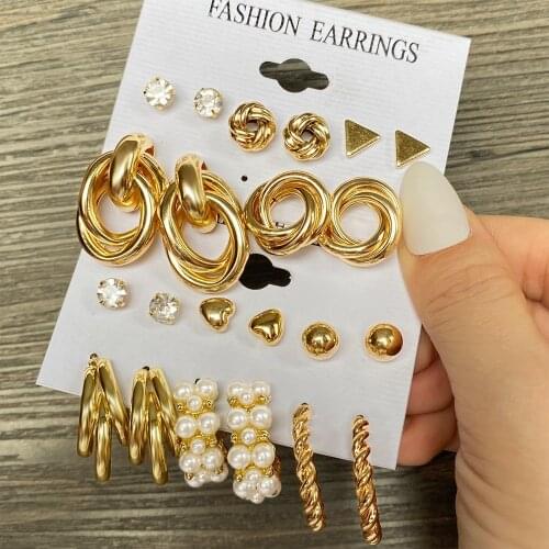 DAXI Vintage Geometric Gold Color Metal Earrings Set For Women Punk Pearl Dangle Drop Earring 2021 Trend Set of Earrings Jewelry