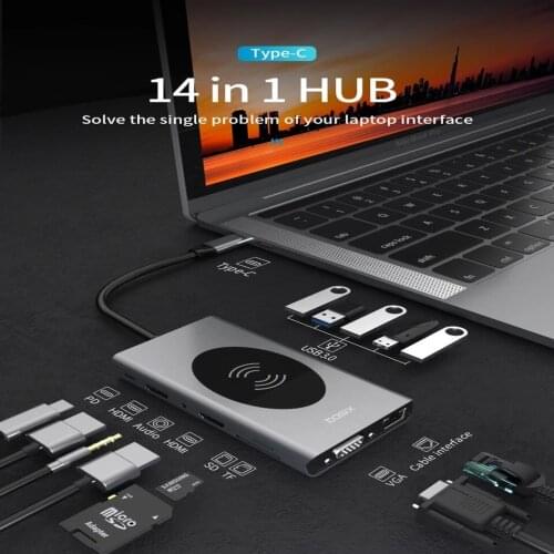 14-in-1 docking station supports three-screen display, wireless charging, dual HDMI VGA 3.5mm RJ45 PD3.087W fast charging