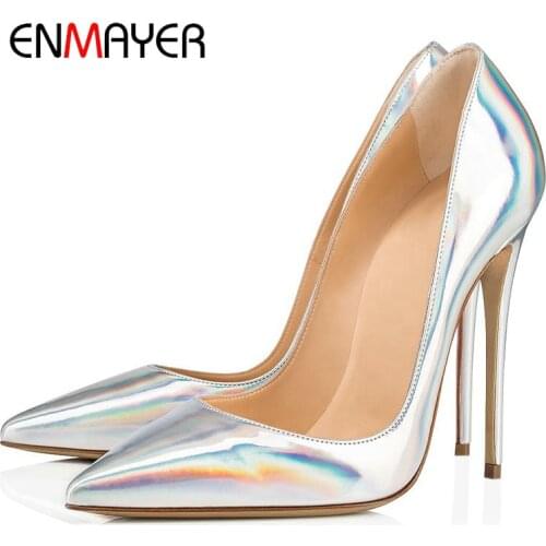 ENMAYER 2020 Patent Leather Party Slip-On Shoes Woman Pointed Toe Thin Heels Spring/Autumn Sexy High Heels Shallow Ladies Shoes