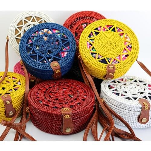 Handwoven Round Rattan Bag Shoulder Leather Straps Natural Chic Handmade Wicker Woven Purse Handbag Circle Boho Bag Sac A Main