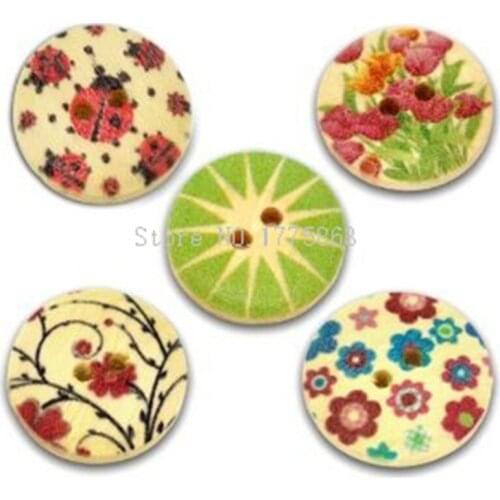 50Pcs Multicolour Flower Print 2 Holes 18mm Round Wooden Buttons , for Sewing, Crafts, Jewellery making, Knitting 7NK95