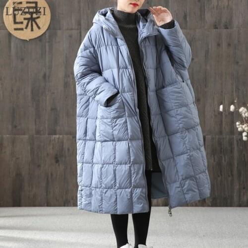 LUZUZI Loose Long Coat 90% Duck Down Jacket Winter Female Plus Size Overcoat Winter Jacket Women 2021 Stitching Hooded Parka