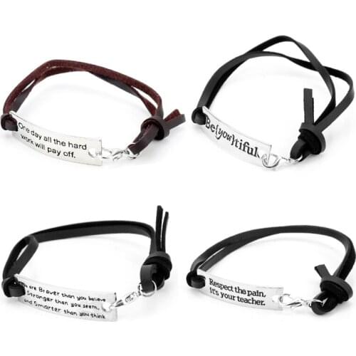 Fashion Adjustable Leather Bracelet Encouraging Inspirational Letters Pattern Bracelet Lobster Clasp Wristband Women Men Gift