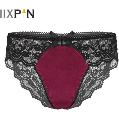 Mens Erotic Lingerie Panties Transparent Floral Lace Bowknot Sexy Brief Low Waist Elastic Waist Satin Patchwork Sissy Underpants
